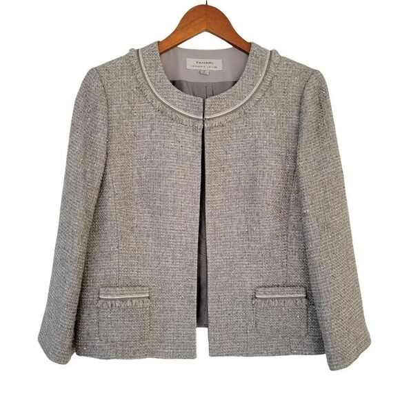 Tahari Arthur S Levine Cropped Textured Blazer Womans Size 10 Metallic Gray - Picture 1 of 12
